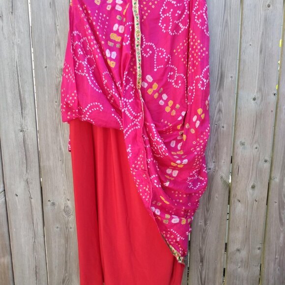 Pink Sari Skirt Choli Blouse Set Batik Yellow Gold 40"B 34"W Lehanga - Picture 5 of 10